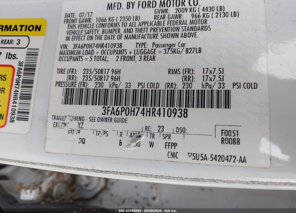 2017 FORD FUSION VIN: 3FA6P0H74HR410938