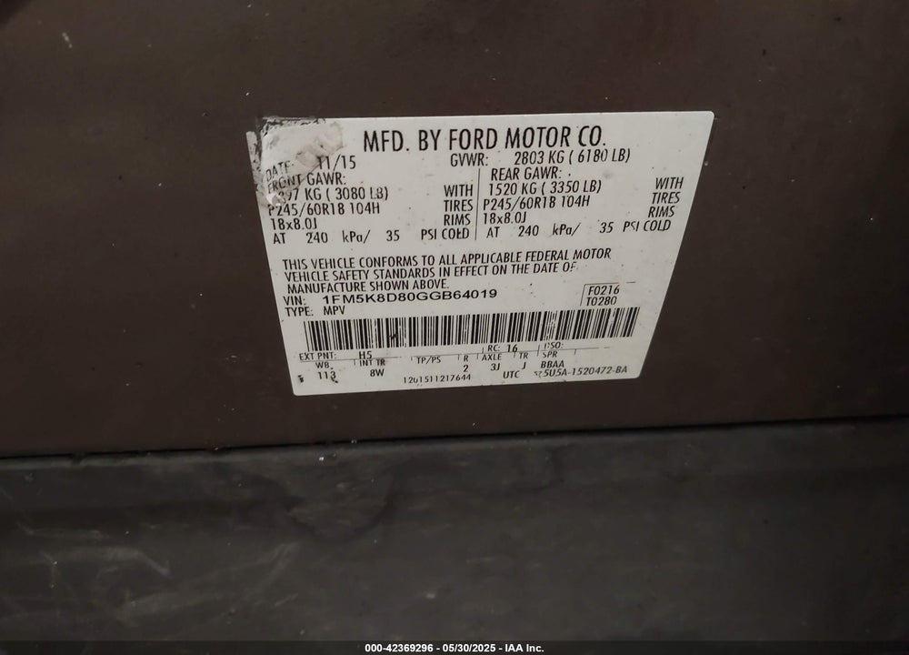 2016 FORD EXPLORER VIN: 1FM5K8D80GGB64019
