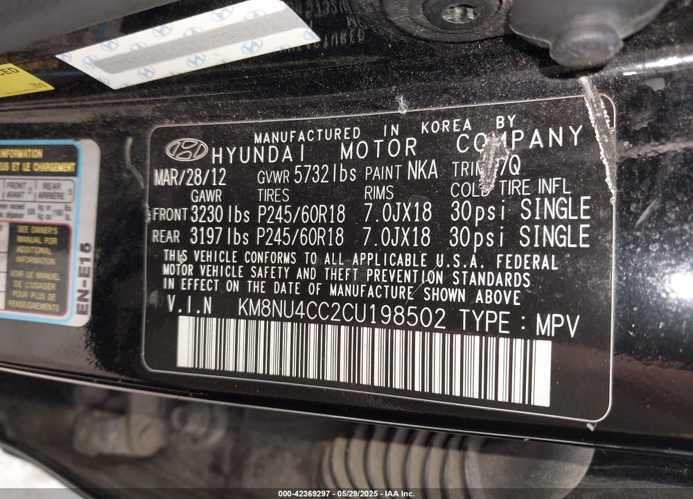 2012 HYUNDAI VERACRUZ VIN: KM8NU4CC2CU198502