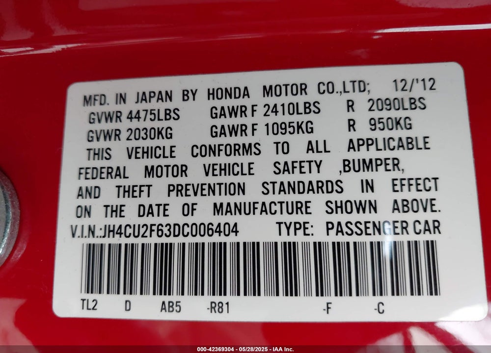 2013 ACURA TSX VIN: JH4CU2F63DC006404