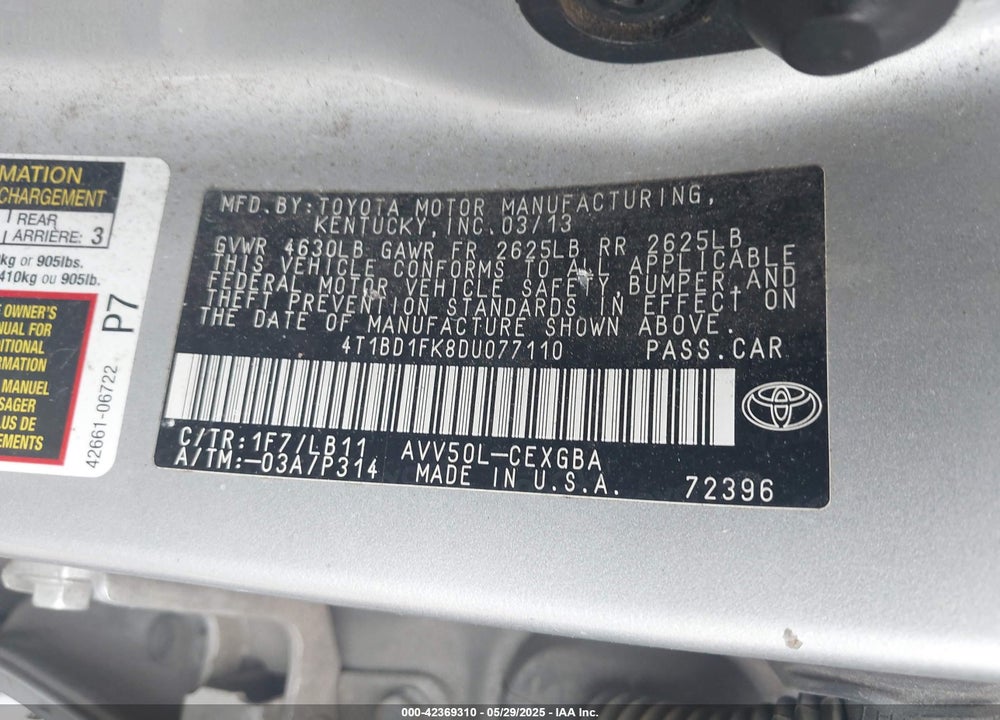 2013 TOYOTA CAMRY VIN: 4T1BD1FK8DU077110