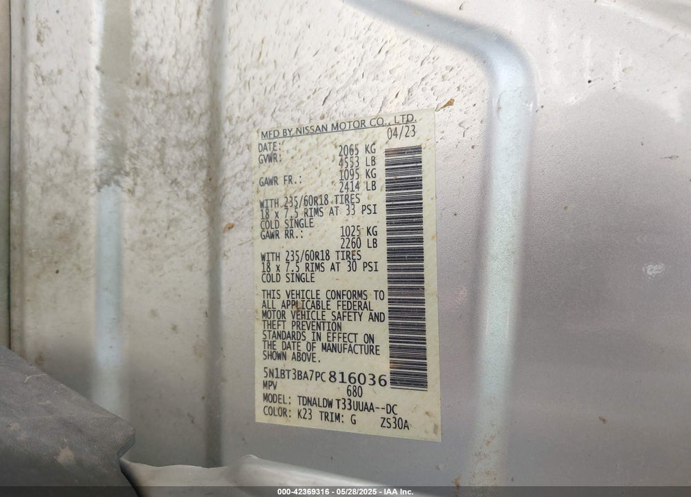 2023 NISSAN ROGUE VIN: 5N1BT3BA7PC816036