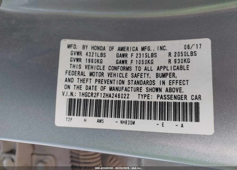 2017 HONDA ACCORD VIN: 1HGCR2F12HA246022