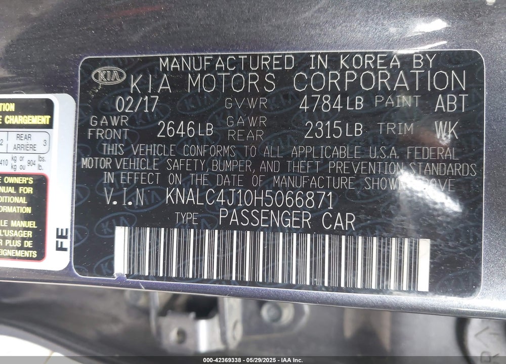 2017 KIA CADENZA VIN: KNALC4J10H5066871