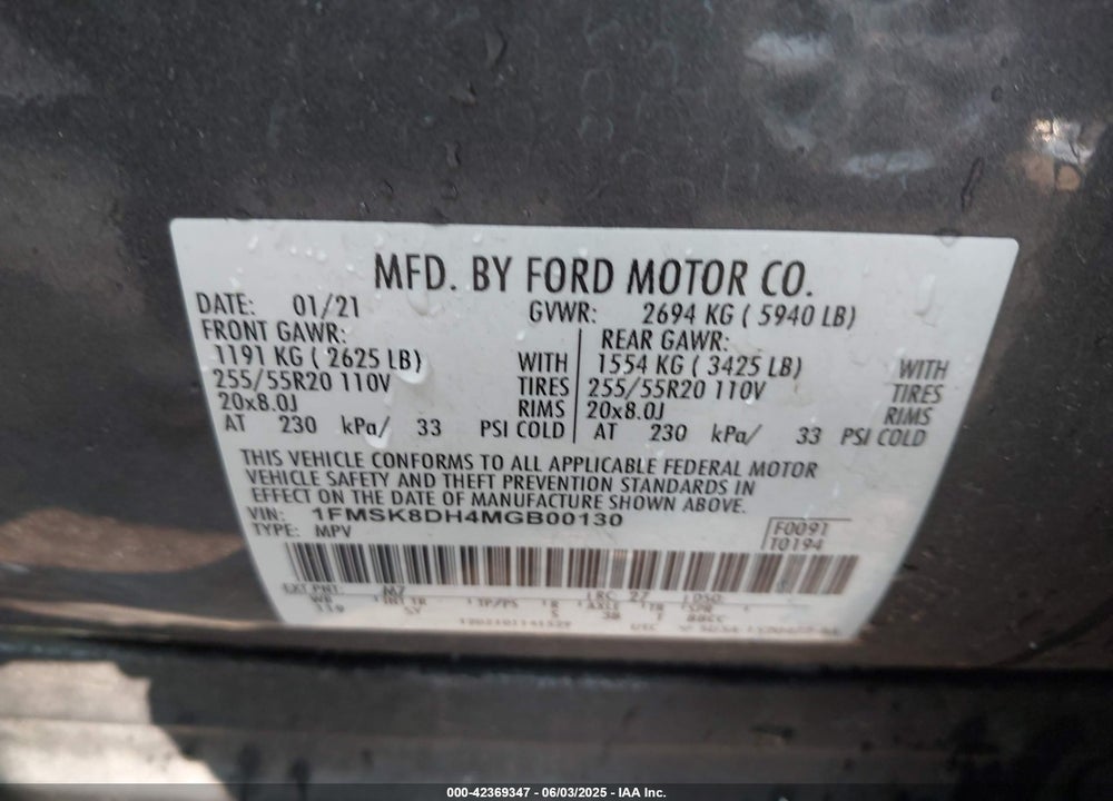 2021 FORD EXPLORER XLT VIN: 1FMSK8DH4MGB00130