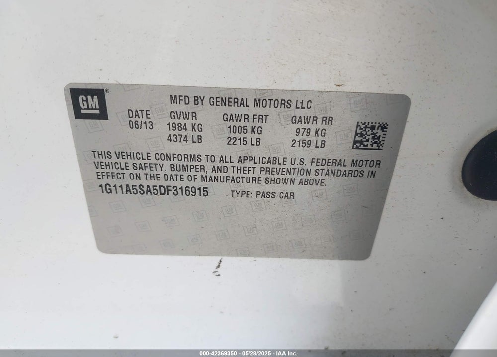 2013 CHEVROLET MALIBU 1FL VIN: 1G11A5SA5DF316915