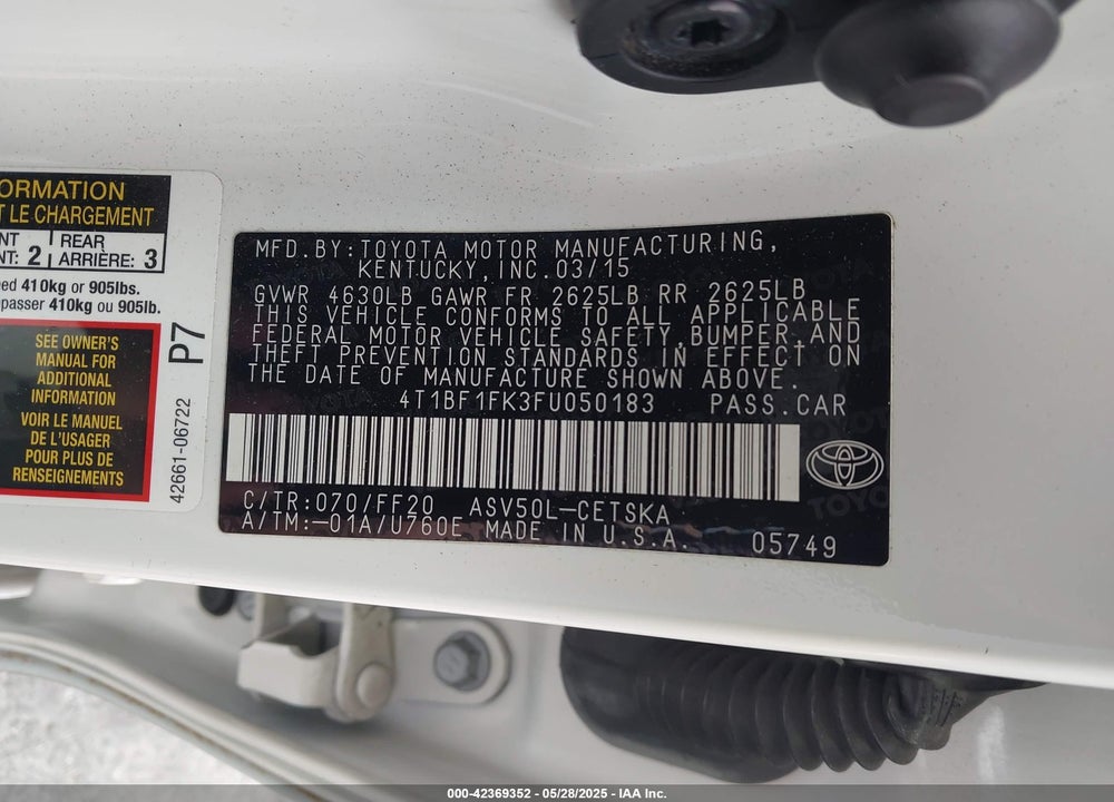 2015 TOYOTA CAMRY VIN: 4T1BF1FK3FU050183