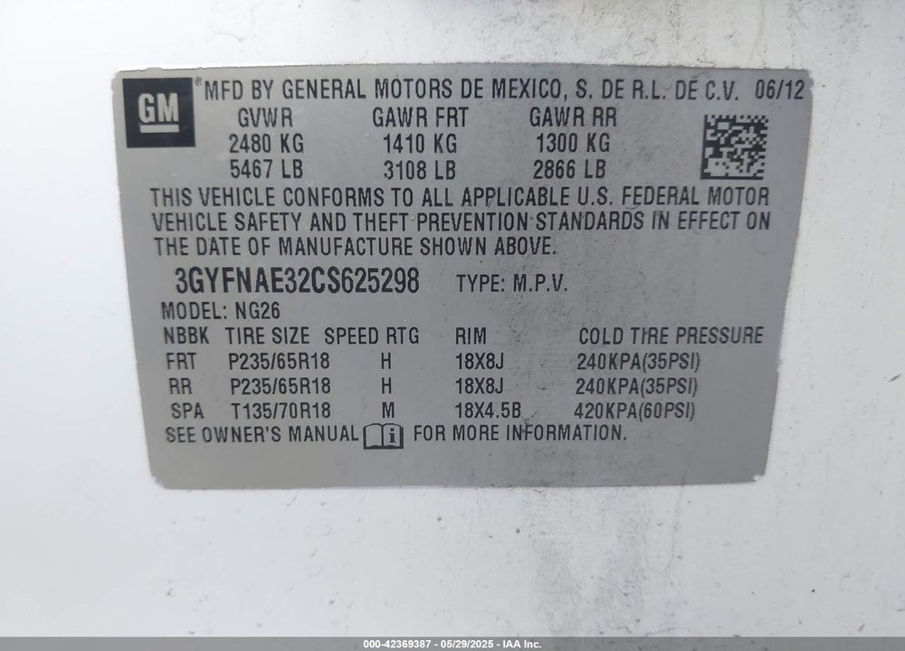 2012 CADILLAC SRX VIN: 3GYFNAE32CS625298
