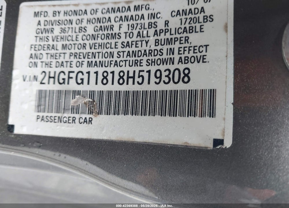2008 HONDA CIVIC VIN: 2HGFG11818H519308
