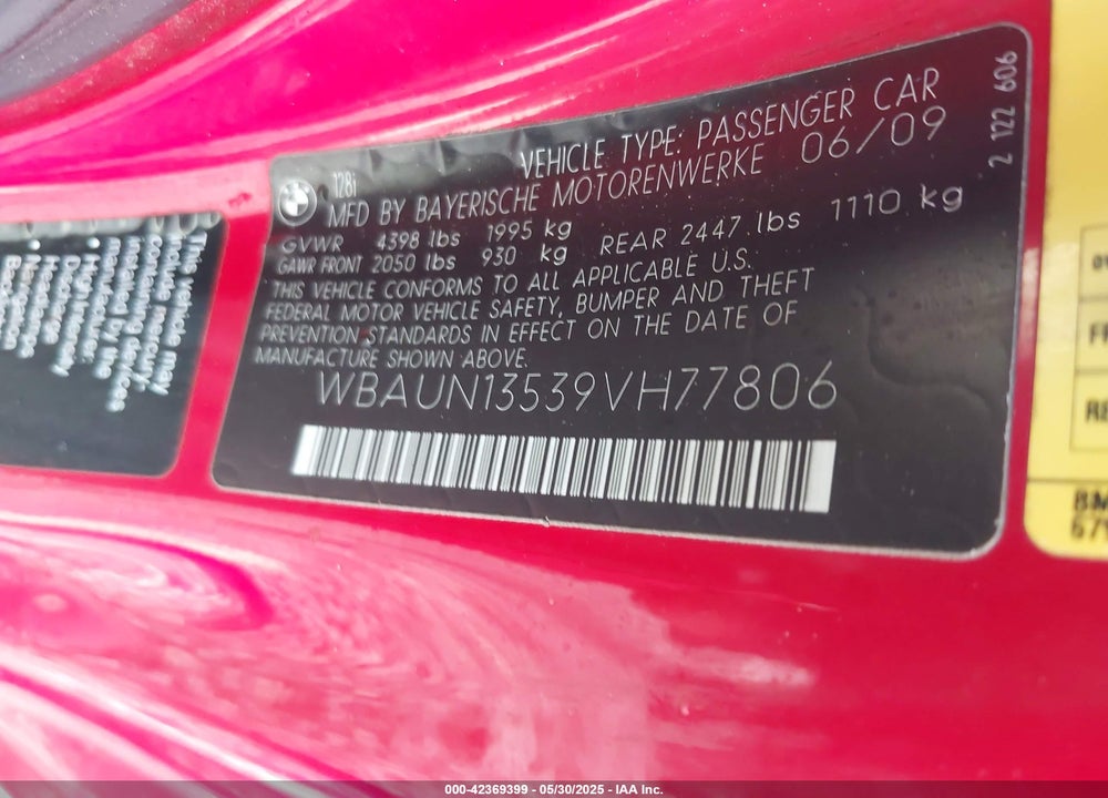 2009 BMW 1 SERIES VIN: WBAUN13539VH77806