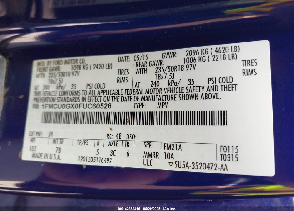 2015 FORD ESCAPE VIN: 1FMCU0GX0FUC60528