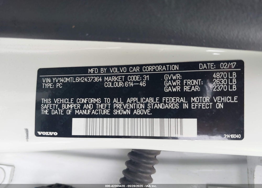 2017 VOLVO S60 VIN: YV140MTL6H2437364