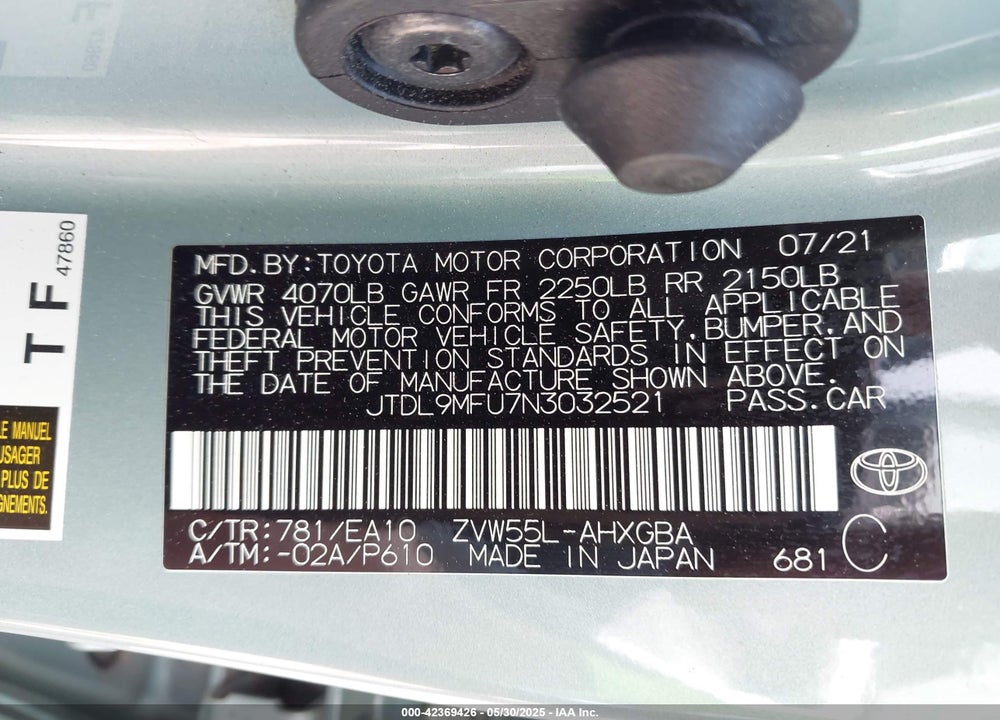 2022 TOYOTA PRIUS XLE AWD-E VIN: JTDL9MFU7N3032521