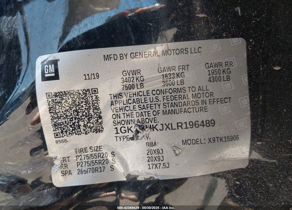 2020 GMC YUKON XL 4WD DENALI VIN: 1GKS2HKJXLR196489