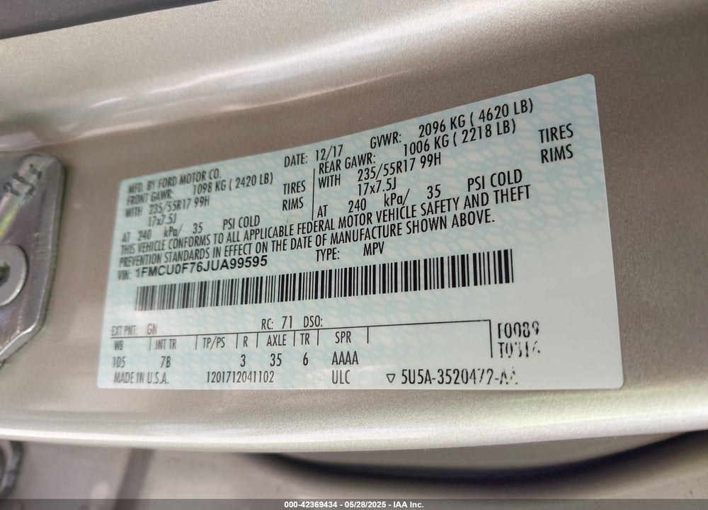 2018 FORD ESCAPE S VIN: 1FMCU0F76JUA99595