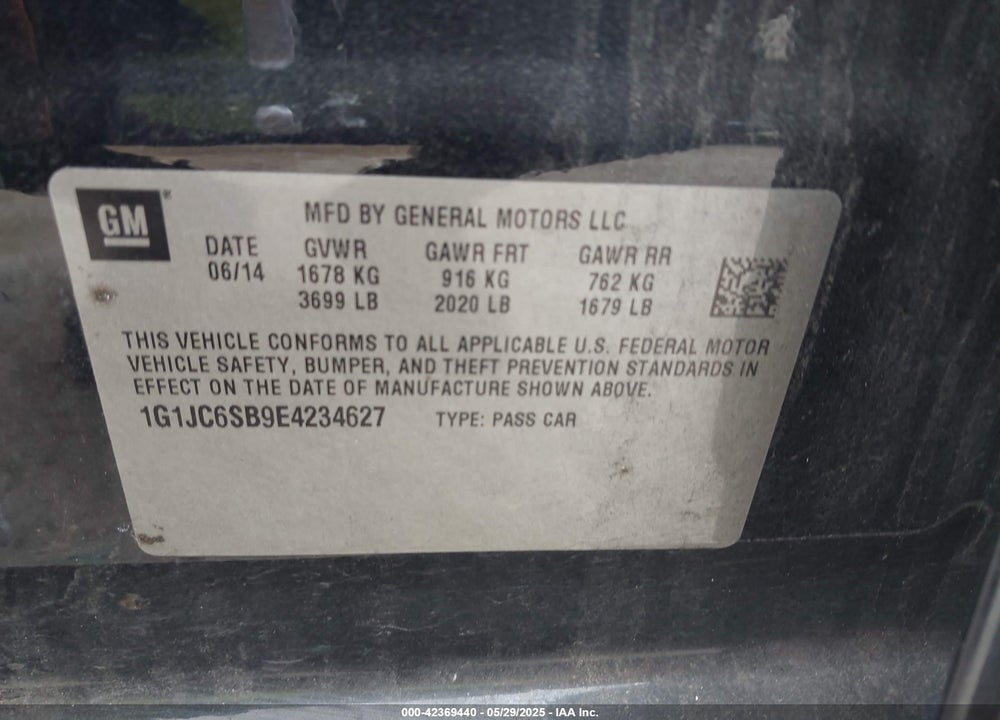 2014 CHEVROLET SONIC VIN: 1G1JC6SB9E4234627