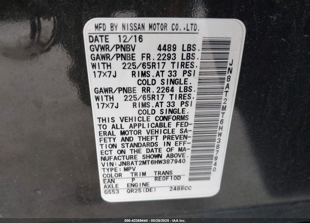 2017 NISSAN ROGUE S VIN: JN8AT2MT6HW387940