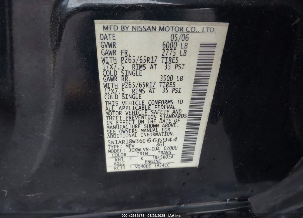 2006 NISSAN PATHFINDER VIN: 5N1AR18W36C666944