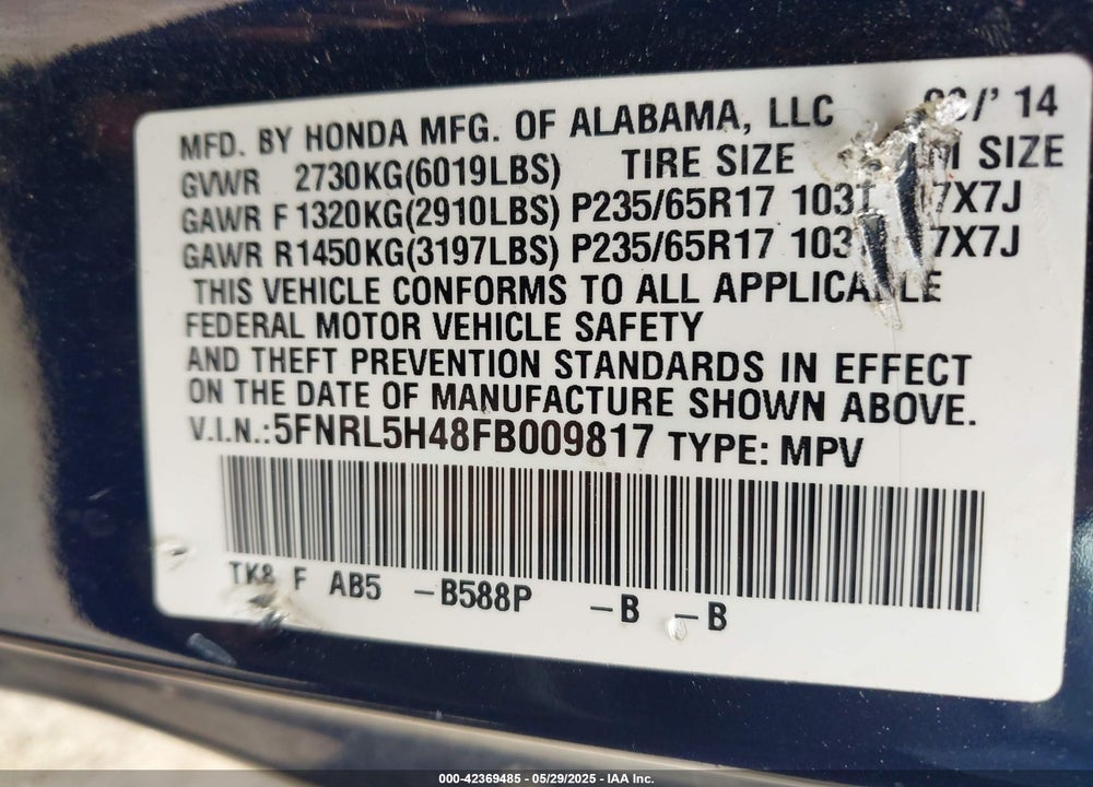 2015 HONDA ODYSSEY EX VIN: 5FNRL5H48FB009817
