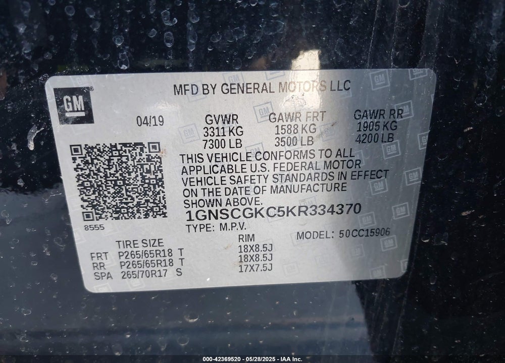 2019 CHEVROLET SUBURBAN VIN: 1GNSCGKC5KR334370
