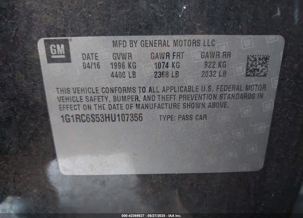2017 CHEVROLET VOLT LT VIN: 1G1RC6S53HU107356