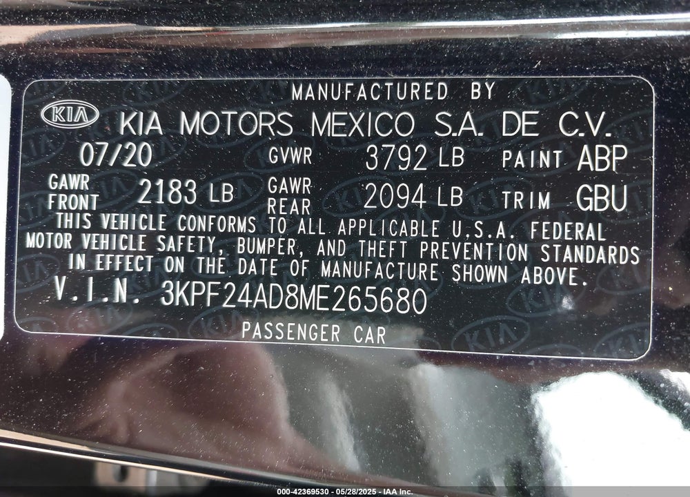 2021 KIA FORTE VIN: 3KPF24AD8ME265680