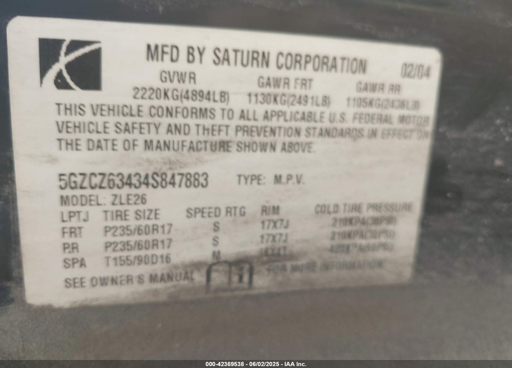 2004 SATURN VUE VIN: 5GZCZ63434S847883