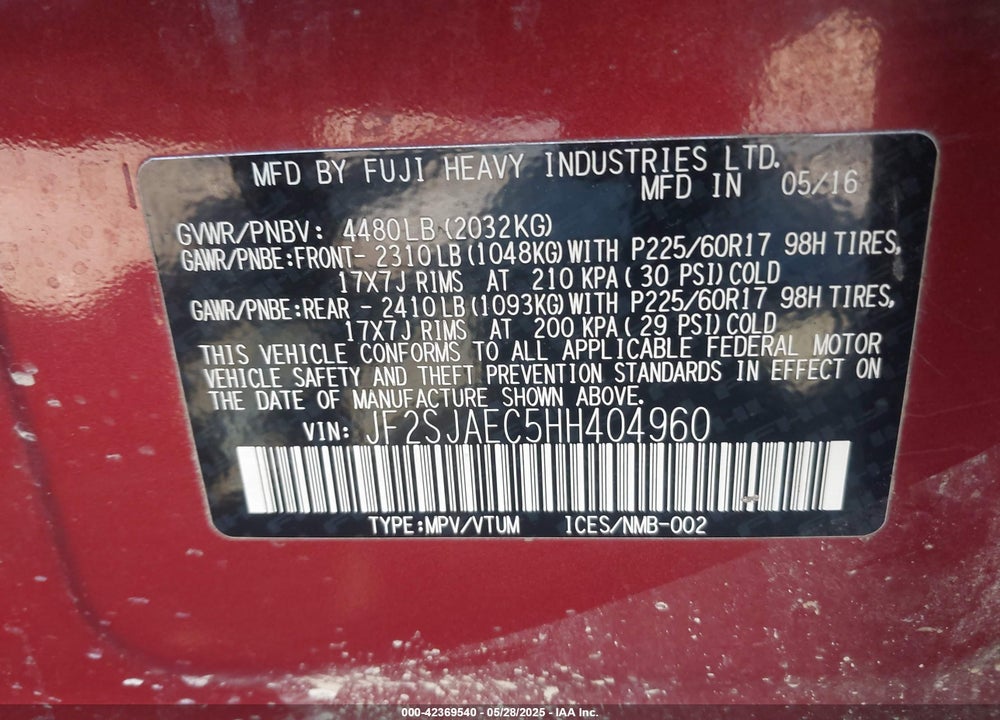2017 SUBARU FORESTER 2.5I PREMIUM VIN: JF2SJAEC5HH404960