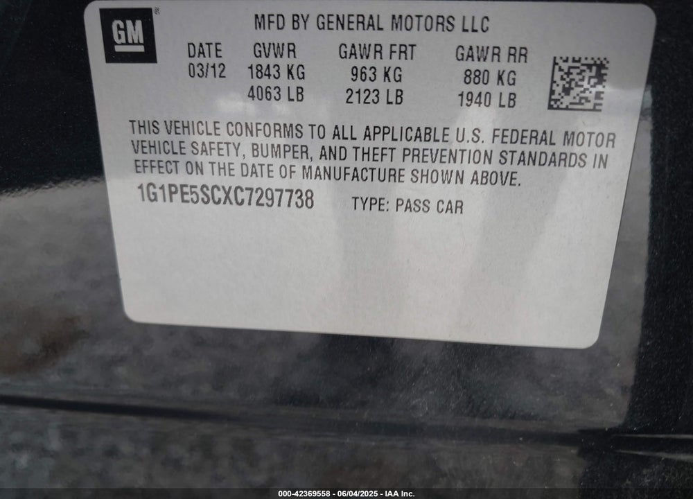 2012 CHEVROLET CRUZE LT VIN: 1G1PE5SCXC7297738