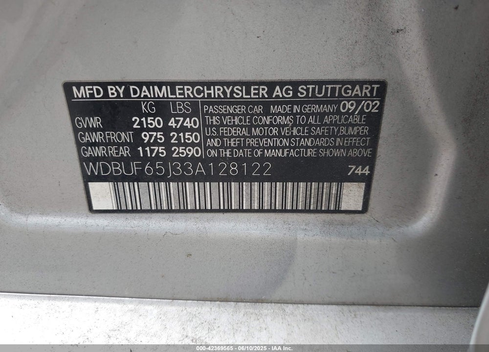 2003 MERCEDES-BENZ E 320 VIN: WDBUF65J33A128122