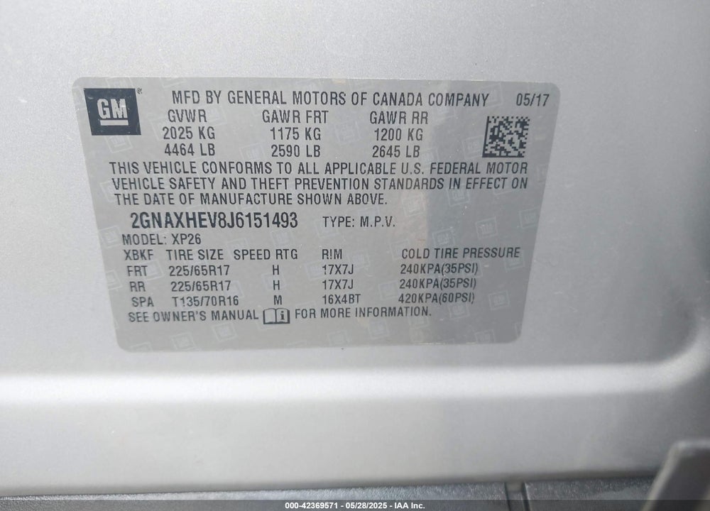 2018 CHEVROLET EQUINOX VIN: 2GNAXHEV8J6151493