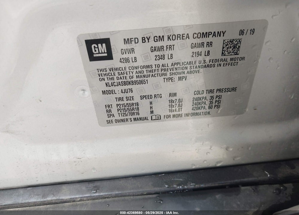 2019 BUICK ENCORE VIN: KL4CJASB0KB950651
