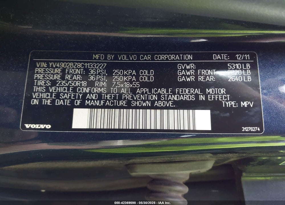 2012 VOLVO XC70 VIN: YV4902BZ8C1133227