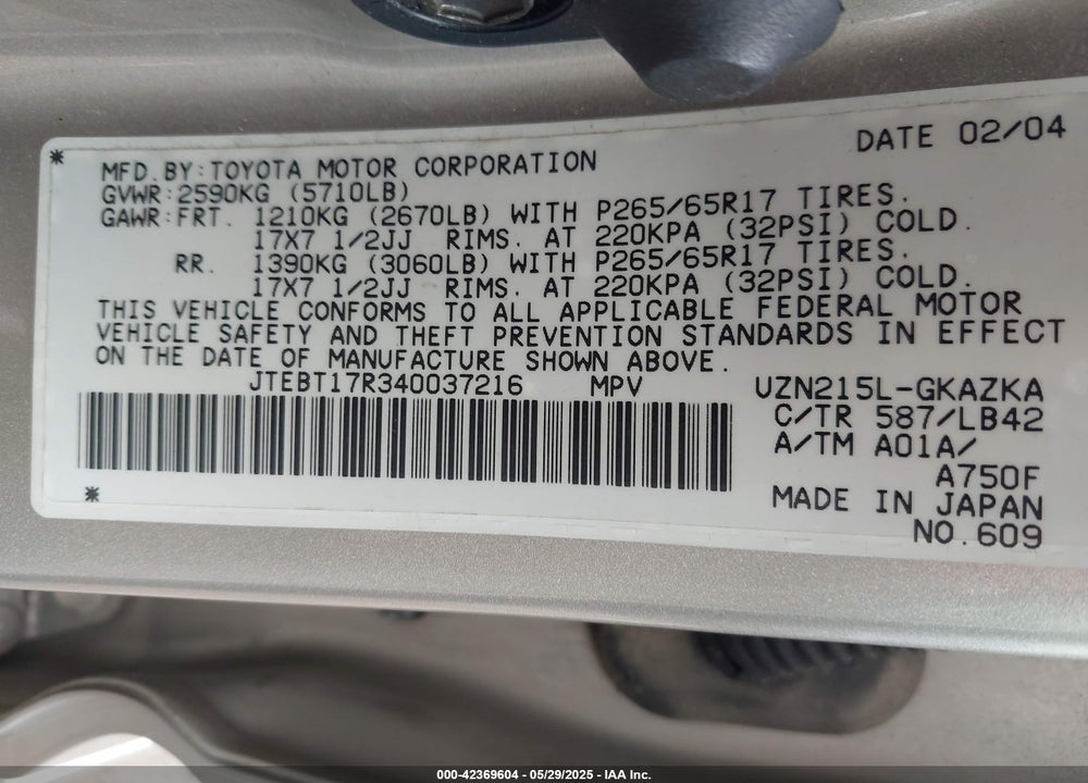 2004 TOYOTA 4RUNNER VIN: JTEBT17R340037216