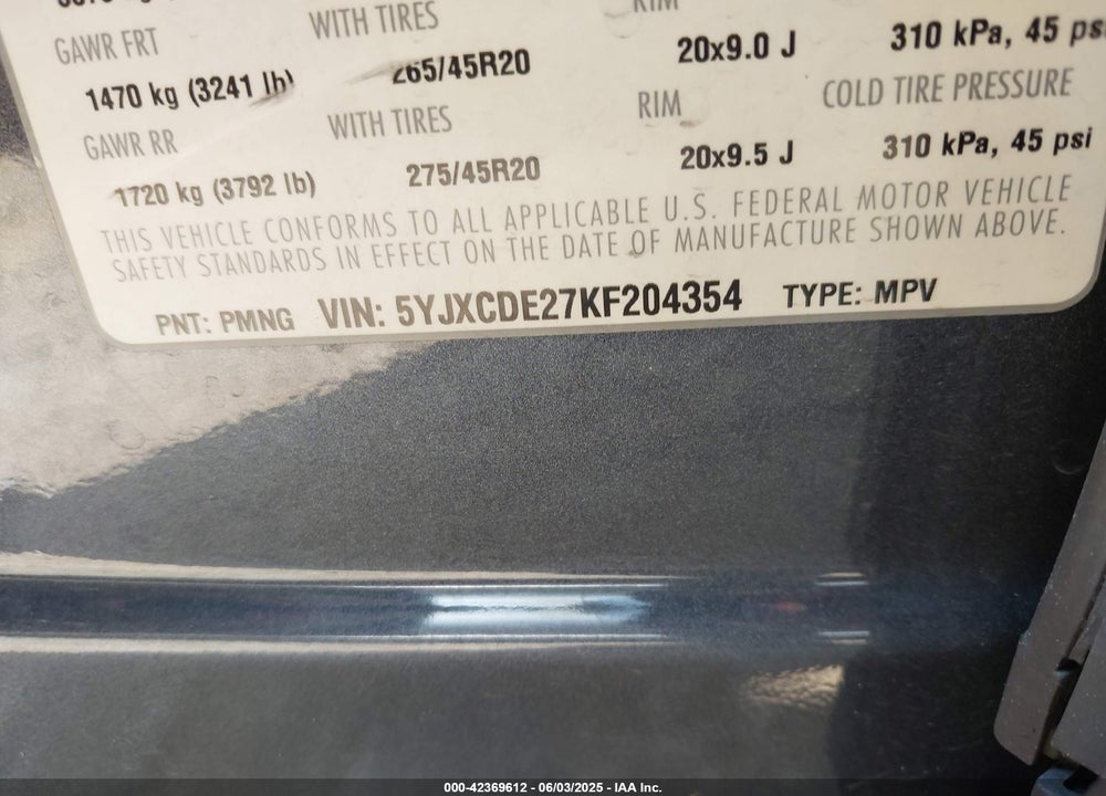 2019 TESLA MODEL X 100D/75D/LONG RANGE/STANDARD RANGE VIN: 5YJXCDE27KF204354