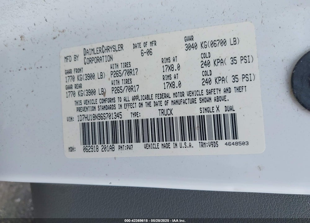 2006 DODGE RAM 1500 VIN: 1D7HU18N96S701345