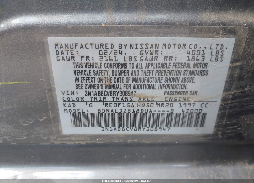 2024 NISSAN SENTRA VIN: 3N1AB8CV8RY308947