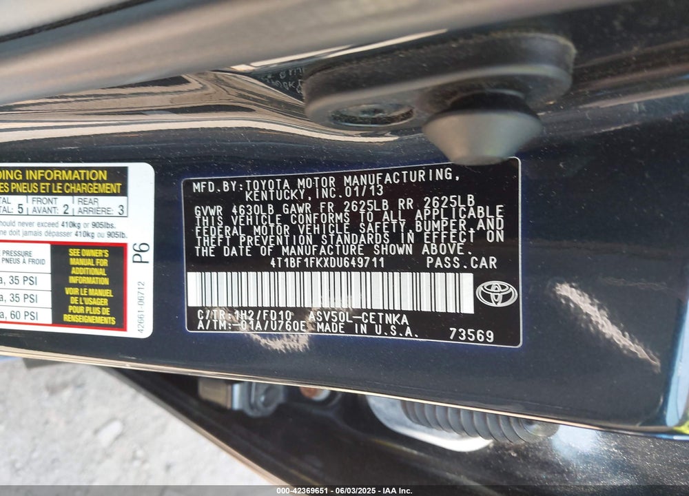 2013 TOYOTA CAMRY LE VIN: 4T1BF1FKXDU649711