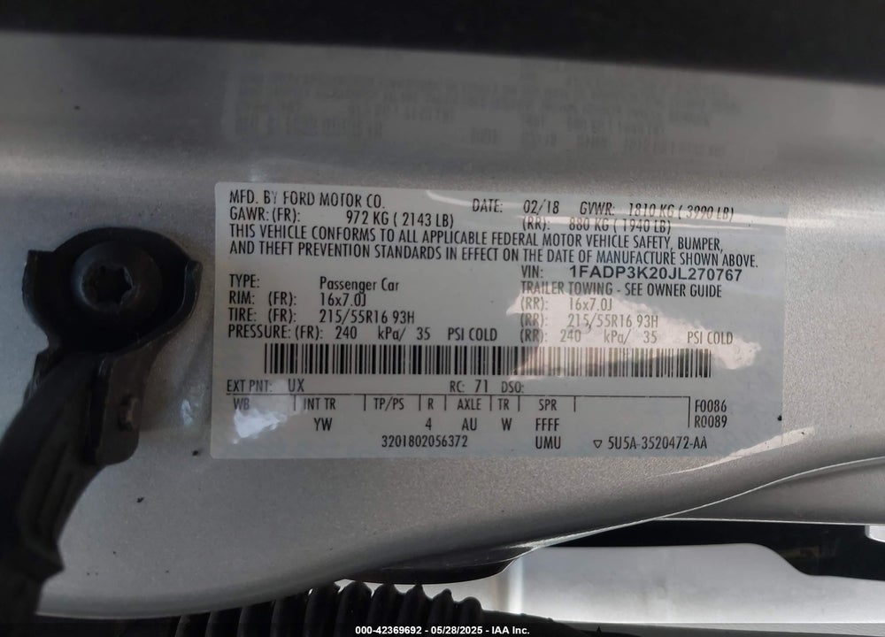 2018 FORD FOCUS SE VIN: 1FADP3K20JL270767