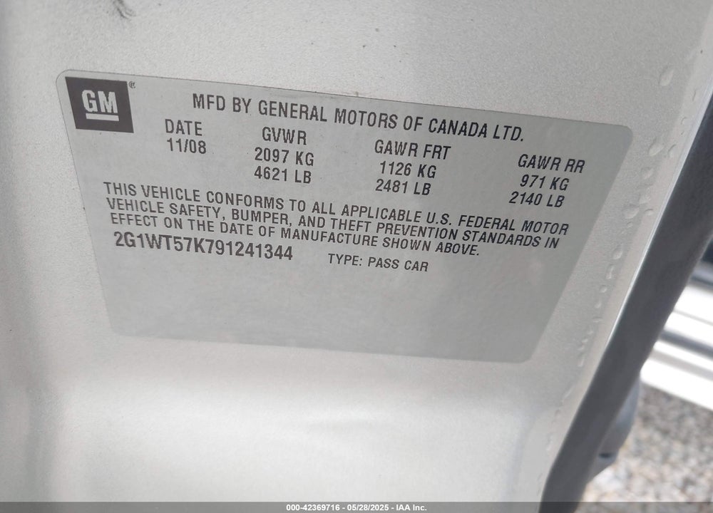 2009 CHEVROLET IMPALA VIN: 2G1WT57K791241344