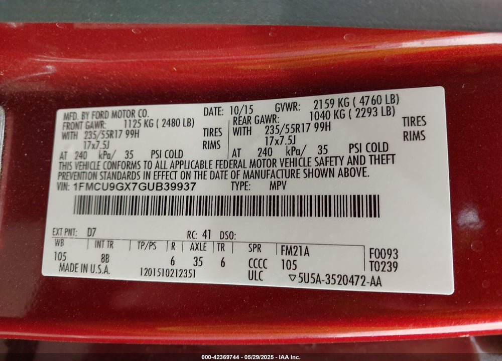 2016 FORD ESCAPE VIN: 1FMCU9GX7GUB39937