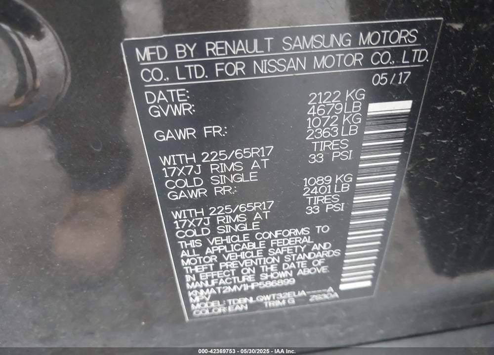 2017 NISSAN ROGUE SV VIN: KNMAT2MV1HP586899