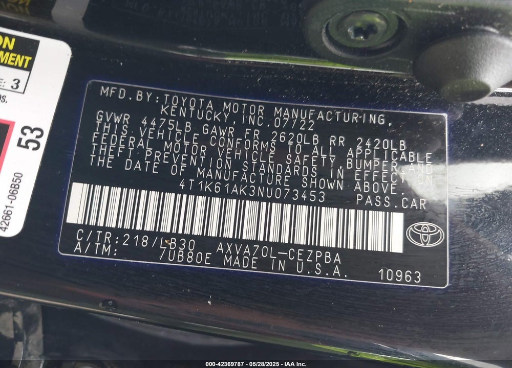 2022 TOYOTA CAMRY VIN: 4T1K61AK3NU073453