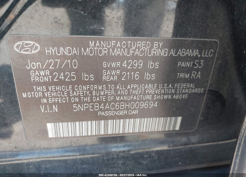 2011 HYUNDAI SONATA VIN: 5NPEB4AC6BH009694
