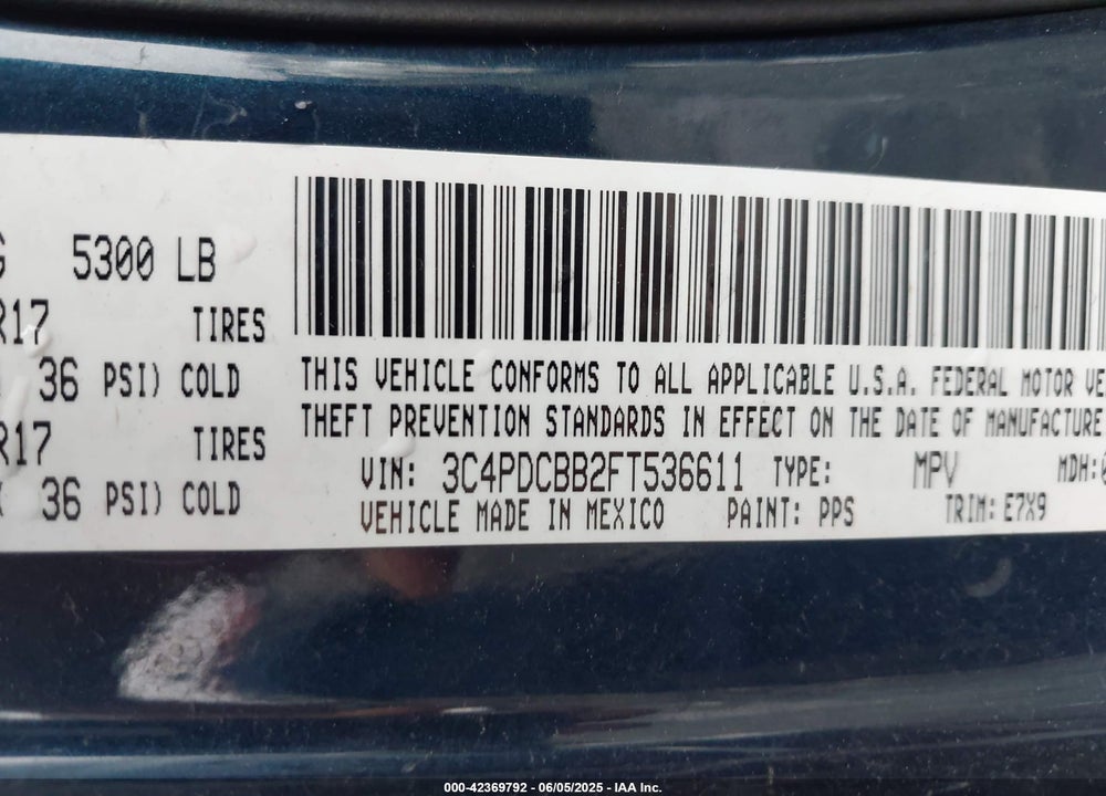 2015 DODGE JOURNEY VIN: 3C4PDCBB2FT536611