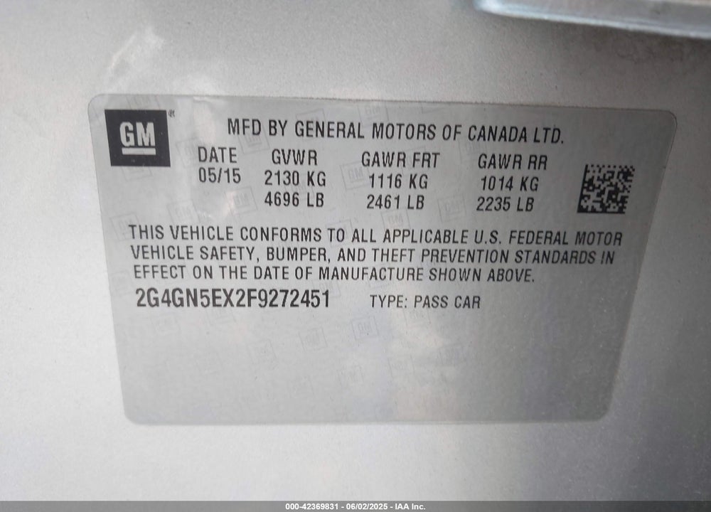 2015 BUICK REGAL VIN: 2G4GN5EX2F9272451