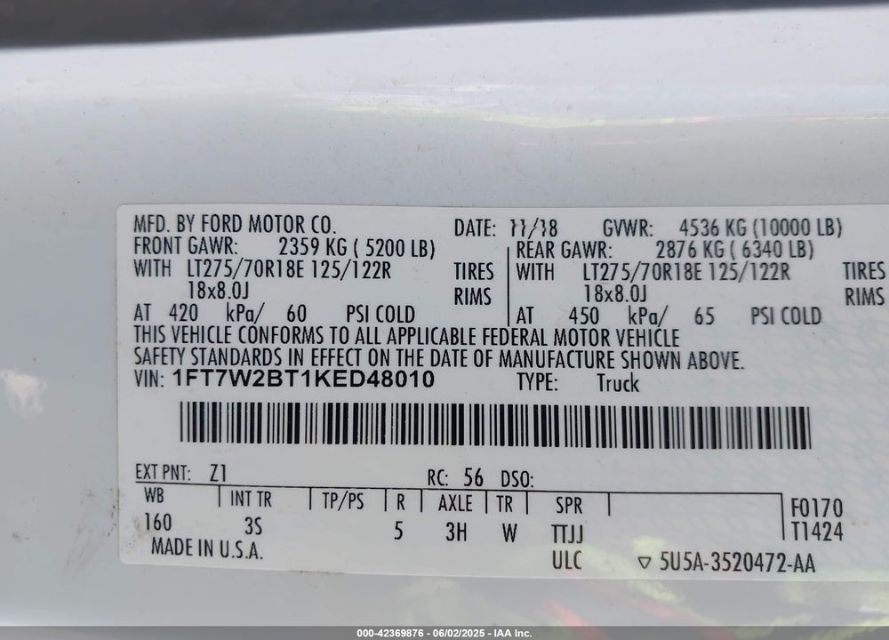 2019 FORD F-250 XLT VIN: 1FT7W2BT1KED48010