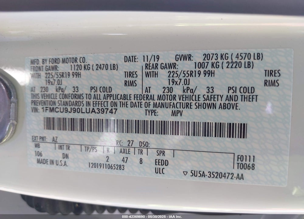 2020 FORD ESCAPE VIN: 1FMCU9J90LUA39747