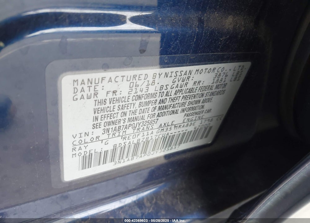 2018 NISSAN SENTRA VIN: 3N1AB7AP0JY325857