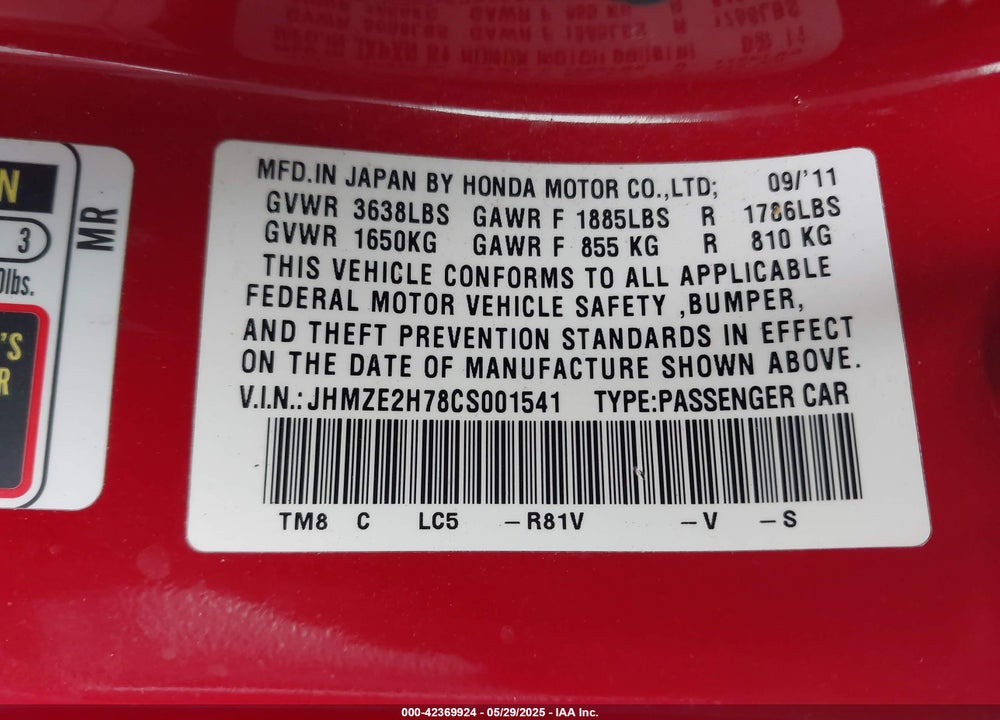 2012 HONDA INSIGHT EX VIN: JHMZE2H78CS001541